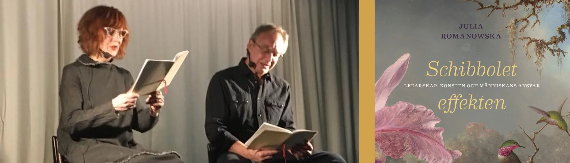 Till vänster: Julia Romanowska läser högt ur bok. Till höger: Boken Schibbolet av Julia Romanowska.